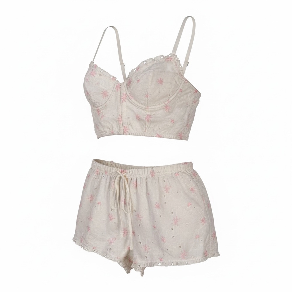 Florence by Mills Women's Cream and Pink Embroidered Bralette & Short Set